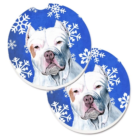 Carolines Treasures Pit Bull Winter Snowflakes Holiday Set of 2 Cup Holder Car Coaster SC9381CARC